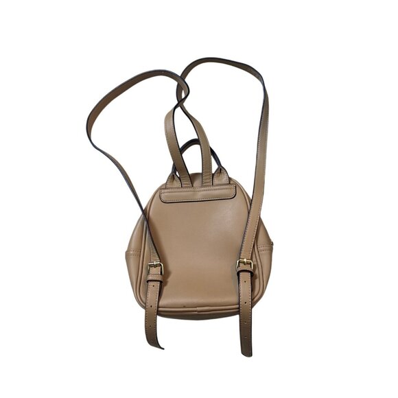 Tan Faux Leather Mini Backpack With Gold Hardware & Chain Print Lining - Picture 2 of 5